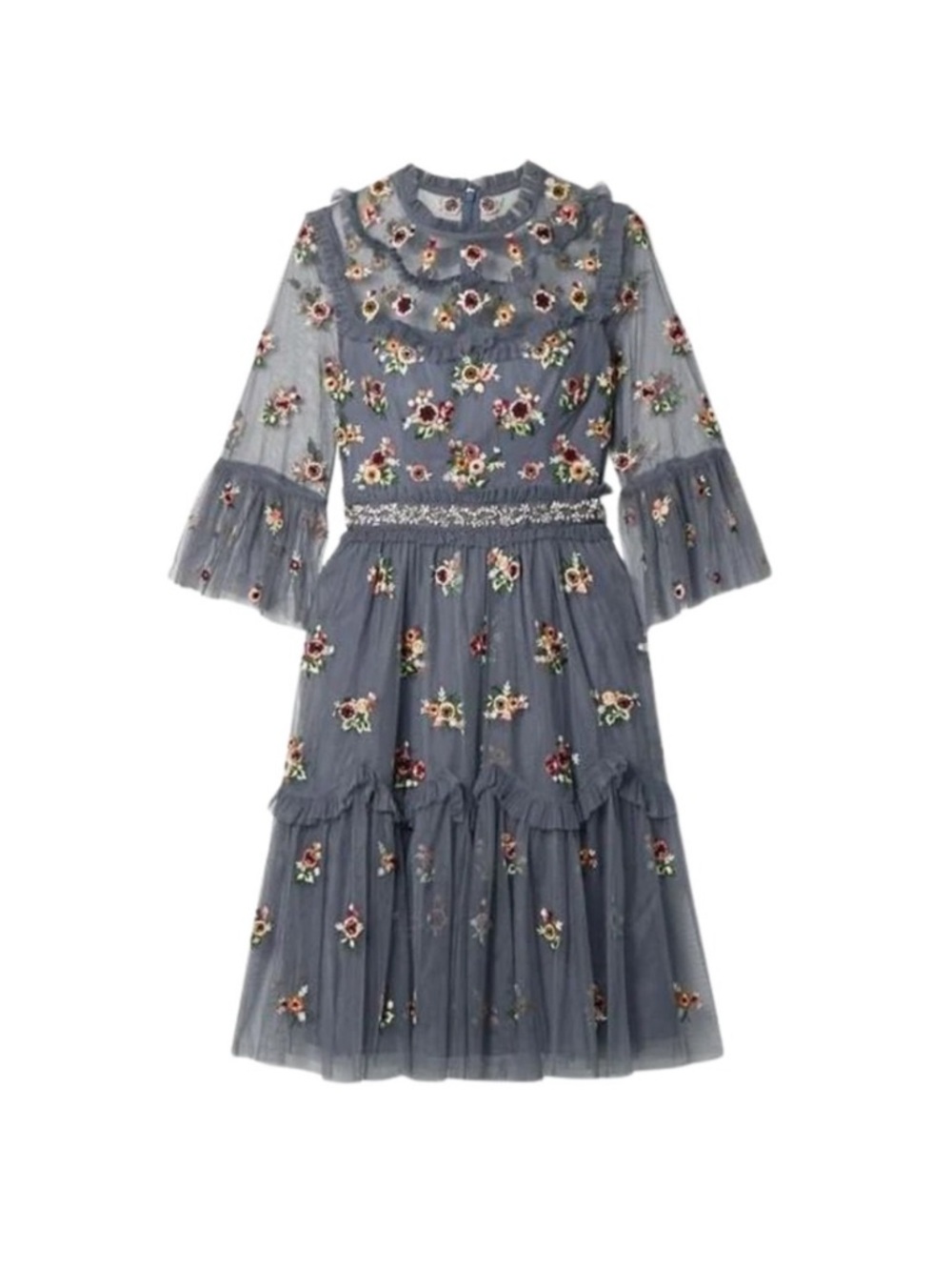 Needle & Thread Blue Floral Embroidered Tulle Midi Dress Fairy Prom Indie Folk